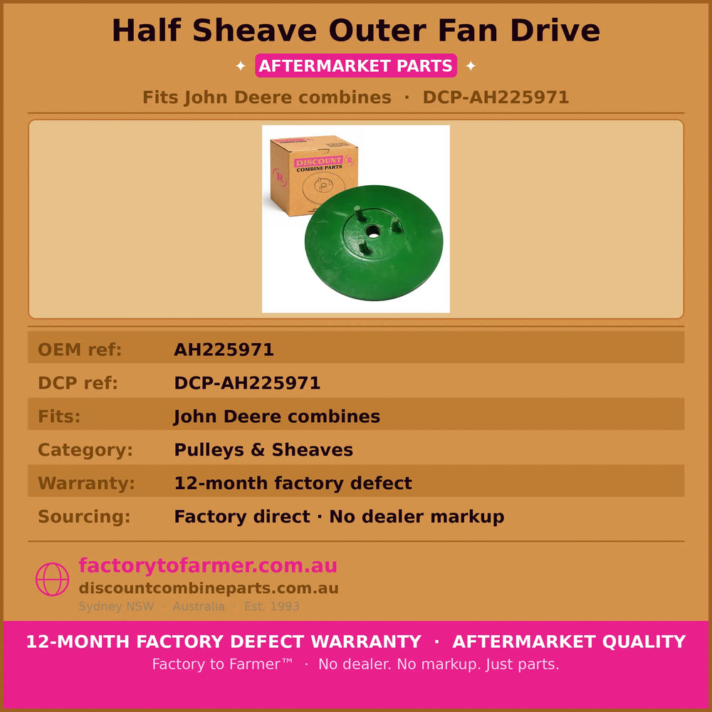 Half Sheave Outer Fan Driver Fits JD | Aftermarket AH225971. Discount Combine Parts